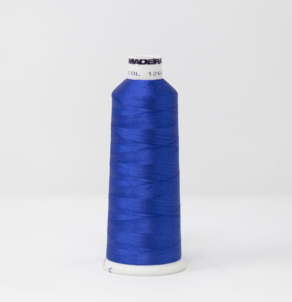 #910-1266 5,500 yard cone of #40 weight Regal Blue Rayon machine embroidery thread.
